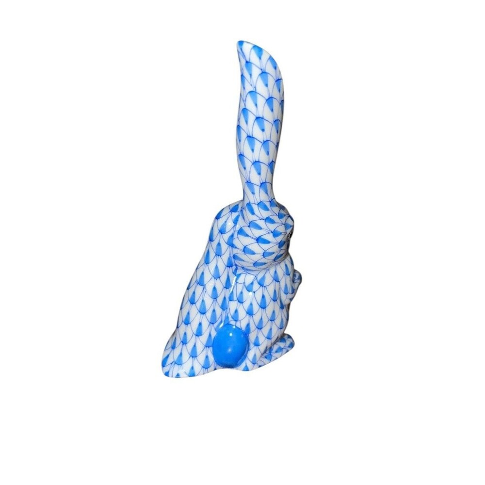 Herend Porcelain Blue Fishnet 4” One Ear Up Rabbit Figurine Gold Accents 5325 - Picture 4 of 7